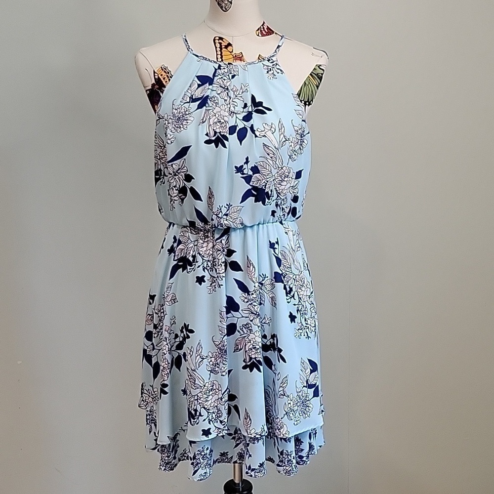 BLUE RAIN blue floral halter midi dress.  Size Large.
